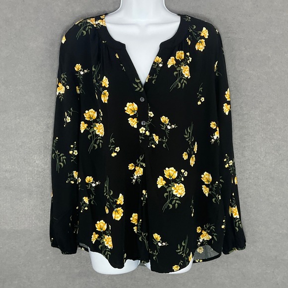 Old Navy Top Dark Floral Button Top‎ Casual Black Yellow Sz L Boho Chic Office - Picture 1 of 13